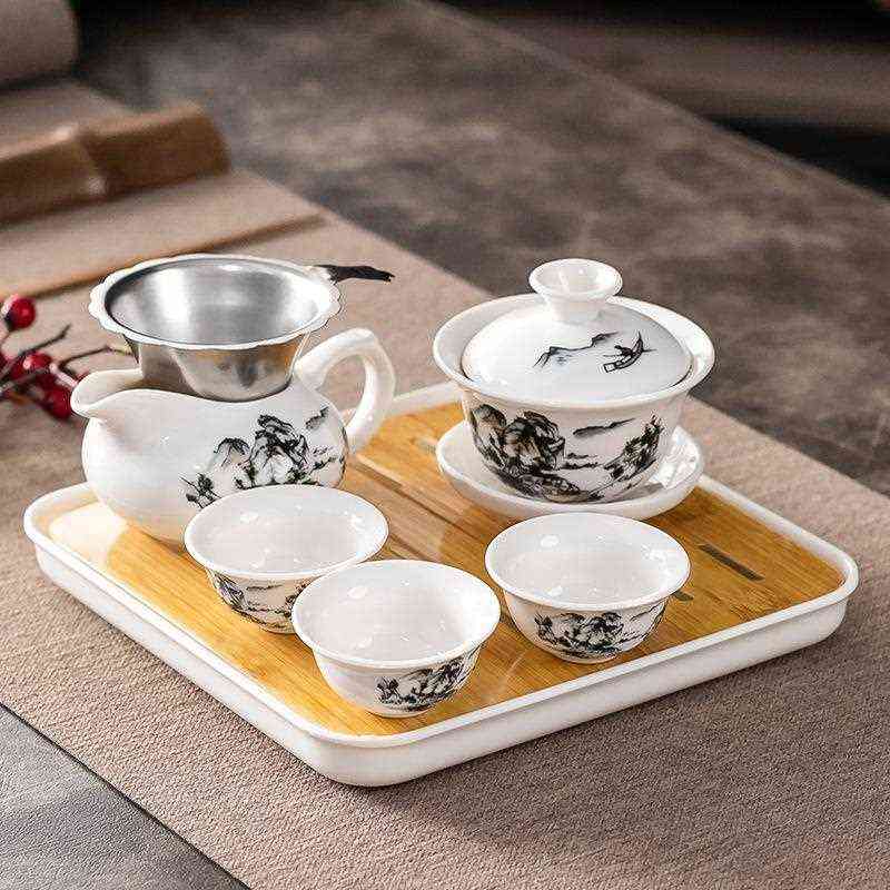 新款直销家用功夫茶具套装一盖碗三杯简约泡茶会客陶瓷喝茶茶杯干
