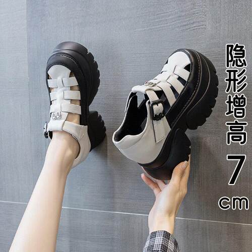 香港真皮包头罗马凉鞋女夏外穿2026新款内增高厚底编织镂空猪笼鞋