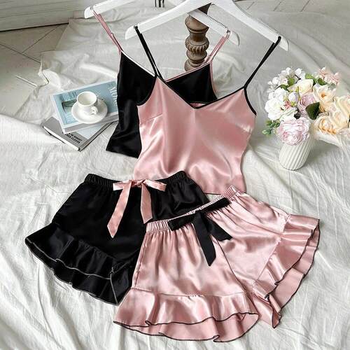 Women's Smooth Satin Pajamas V-Neck T-Shirt Ruffled Edge