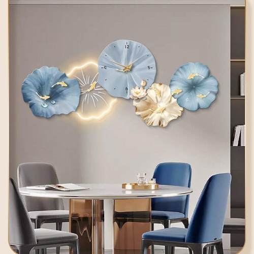 餐厅装饰画轻奢高级感九鱼图挂钟饭厅壁画客厅背景墙钟表挂画带灯