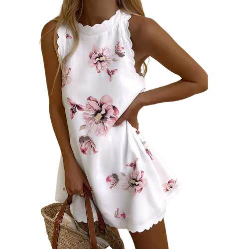 Women's printed sleeveless lotus leaf lace dress