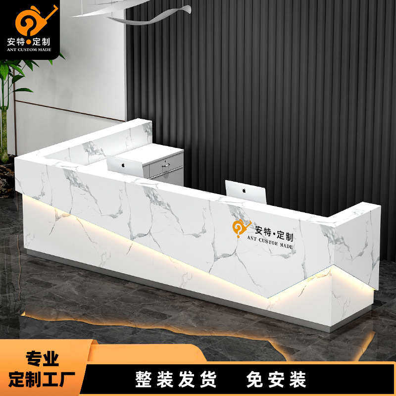 公司烤漆接待前台桌酒店轻奢高级感收银台转角大理石奶茶吧台l型