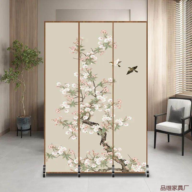 新中式简约现代隔断入户布艺遮挡客厅木质屏风玄关装饰移动座屏