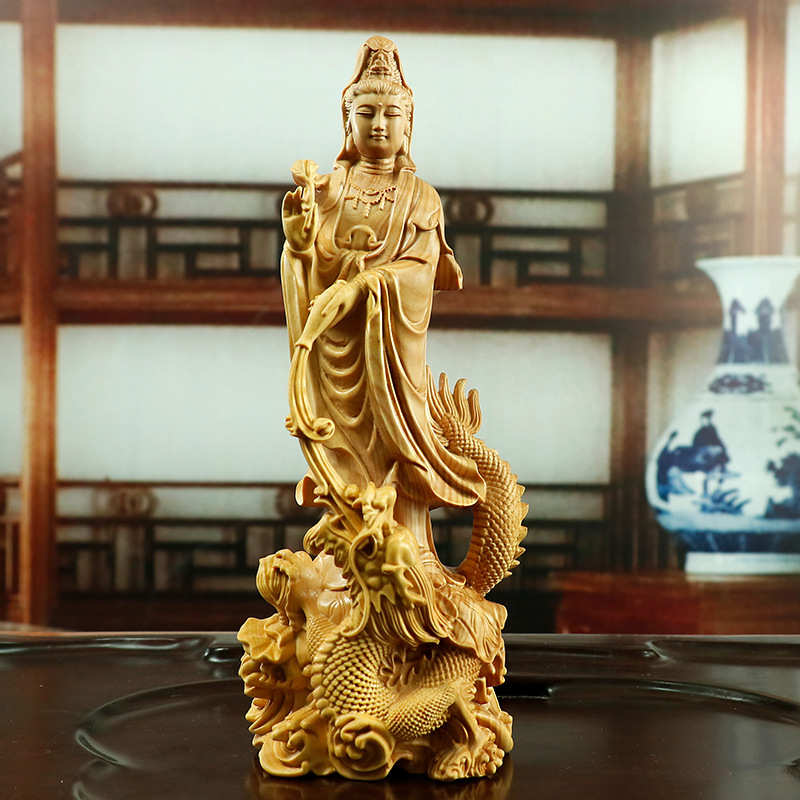 黄杨木雕摆件木质雕刻工艺佛像菩萨收藏礼品乘龙如意观音