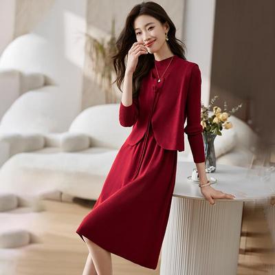 2025新款秋冬年轻妈妈两件套连衣裙喜婆婆婚宴装礼服平时可穿套装