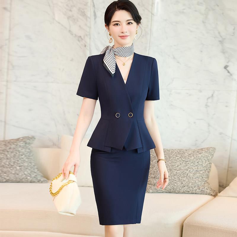蓝色职业装西装套装女夏季气质高端酒店前台接待工装美容院工作服