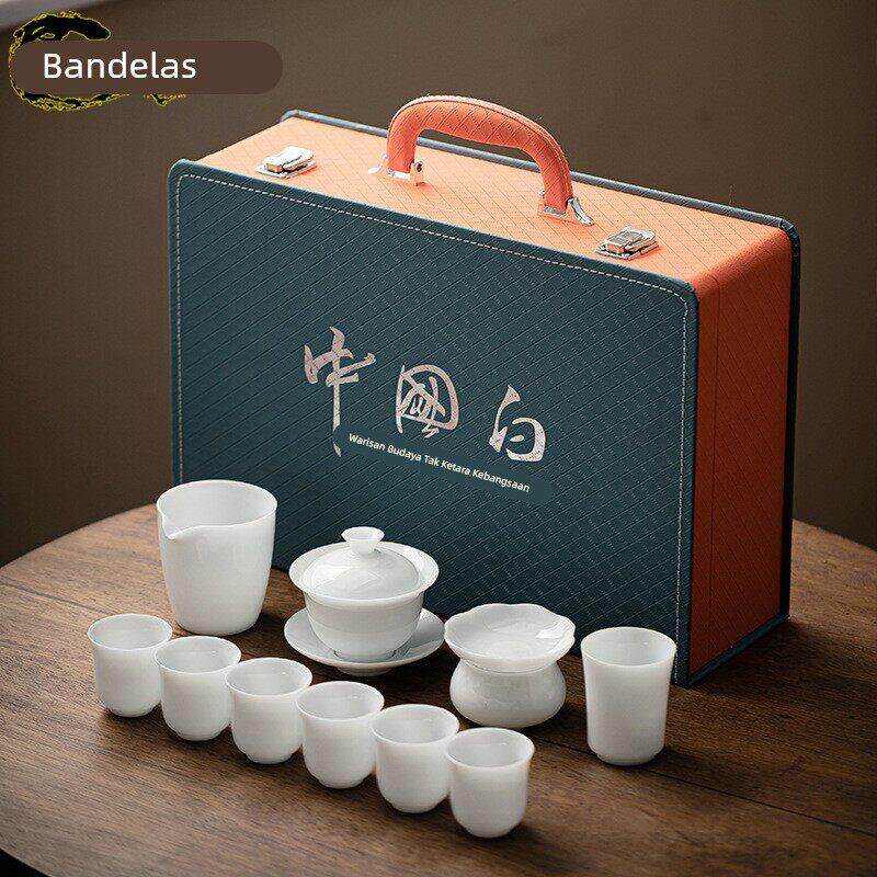 冰种玉瓷功夫茶具礼盒套装家用办公白瓷功夫茶具高档轻奢盖碗茶杯