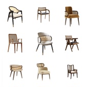 实木藤编椅酒店新中式 餐椅会所接待椅民宿宾馆休闲椅售楼处洽谈椅