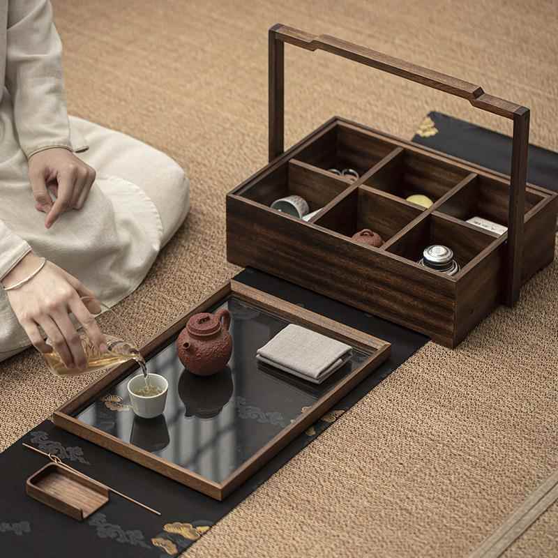 桃木户外旅行收纳手lx提家篮用透明璃茶具收藏柜新玻中胡式茶盒