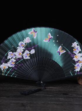 中30根国 风花扇礼品真丝竹扇子日式和风 玉兰系列折扇舞蹈道具扇