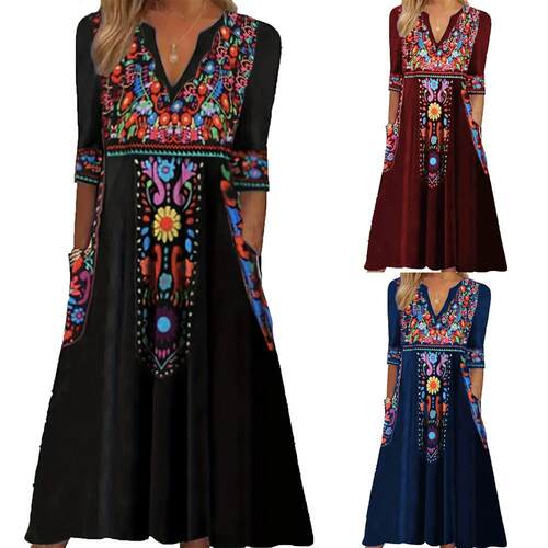 Women's collar pocket printed seven quarter sleeve
