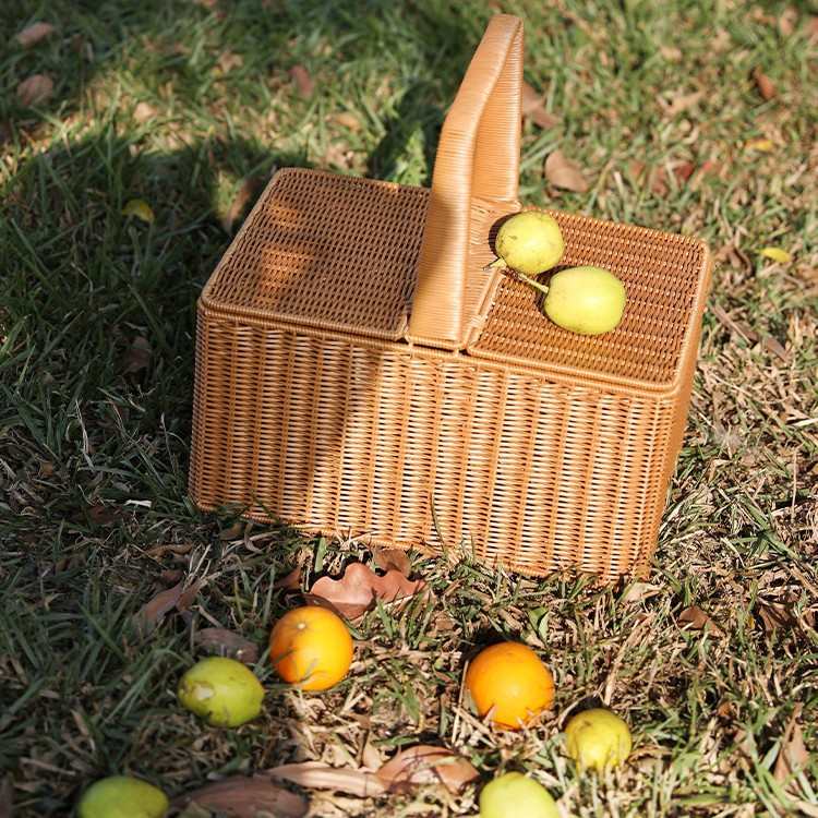 璎桓Kens户外野餐篮子带盖仿藤编购物篮手提水果篮买菜筐拍摄道具