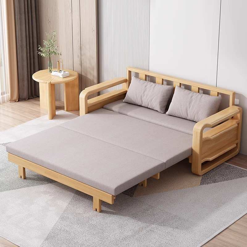 北欧原木风三节实木沙发拉床小户型客厅三人位多功能可折叠沙发床