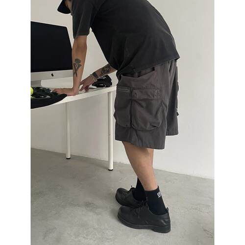 INKNOTS日系覆古水洗做旧拉炼 炼 工装短裤男宽松直筒clean休闲