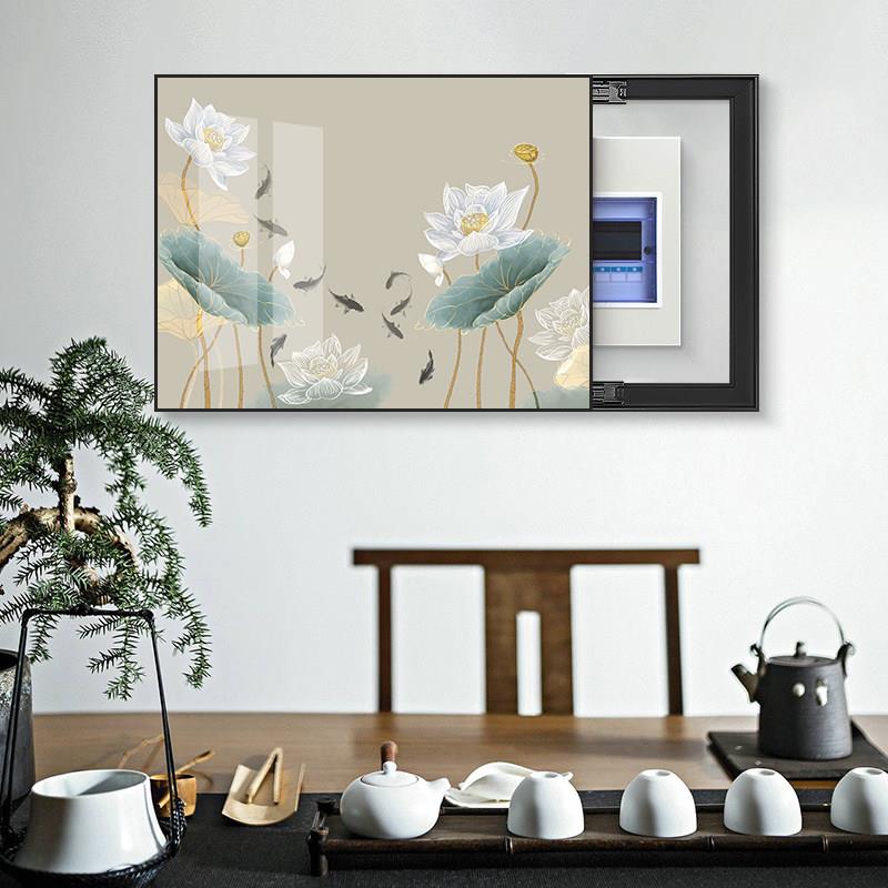 新中式电表箱装饰画荷花九鱼图配电箱遮挡强弱电箱挂画电闸箱壁画