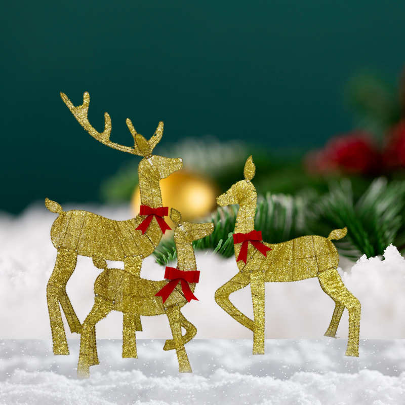 摆件金色立体圣诞花园鹿户外圣诞礼品发光装饰三口摆件之家麋鹿