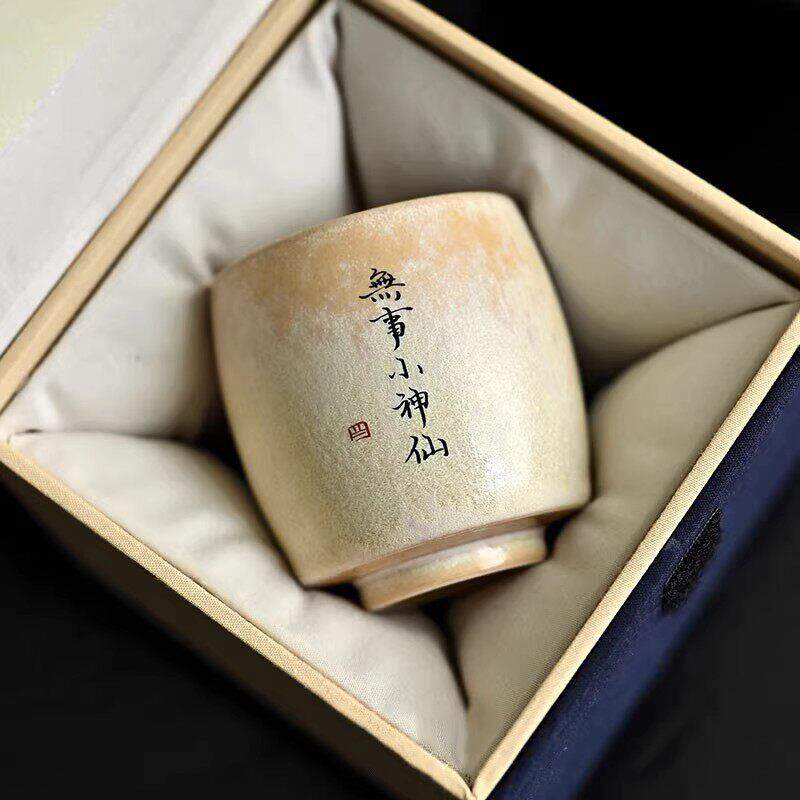 景德镇橙蓝窑变釉纯手工陶瓷茶杯志野烧定制写字主人杯刻字杯子