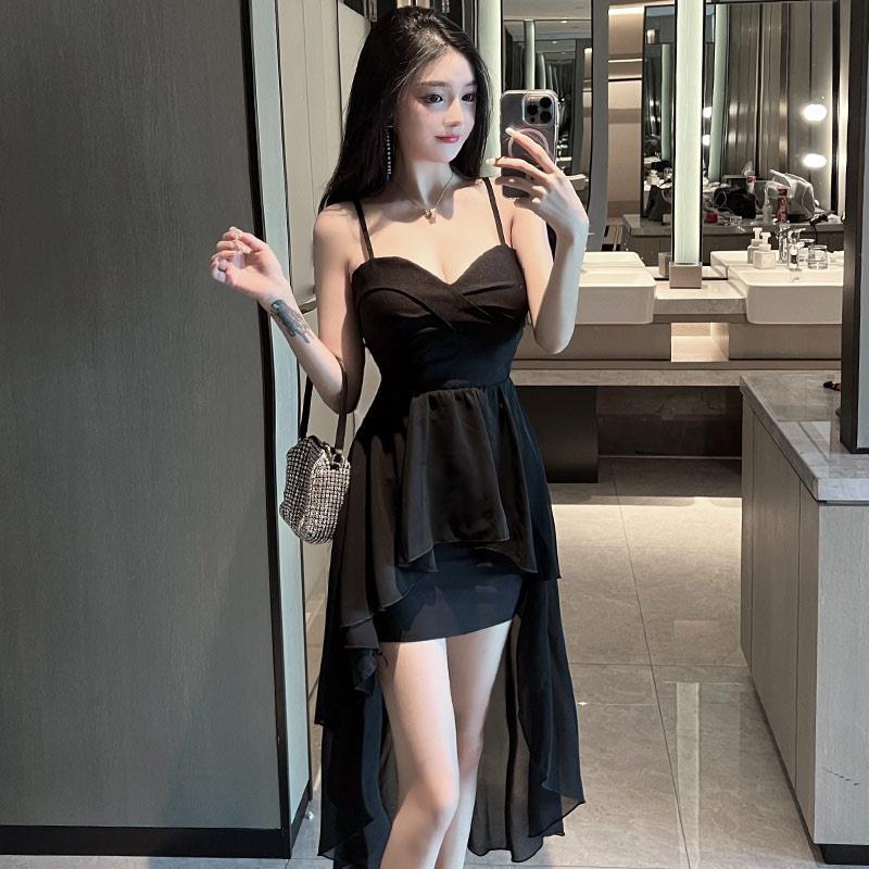 夜店女装夜场上班衣服技师工作服晚礼服性感前短后长吊带连衣裙