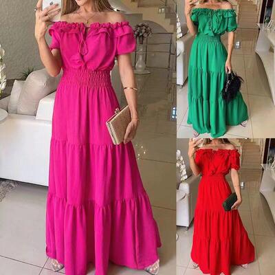 Elegant Off-Shoulder Puff Sleeve Long Loose Woven Dress