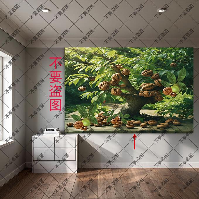 大核桃树硕果累累装饰画一棵大树招财玄关自粘画绿色植物挂画定制