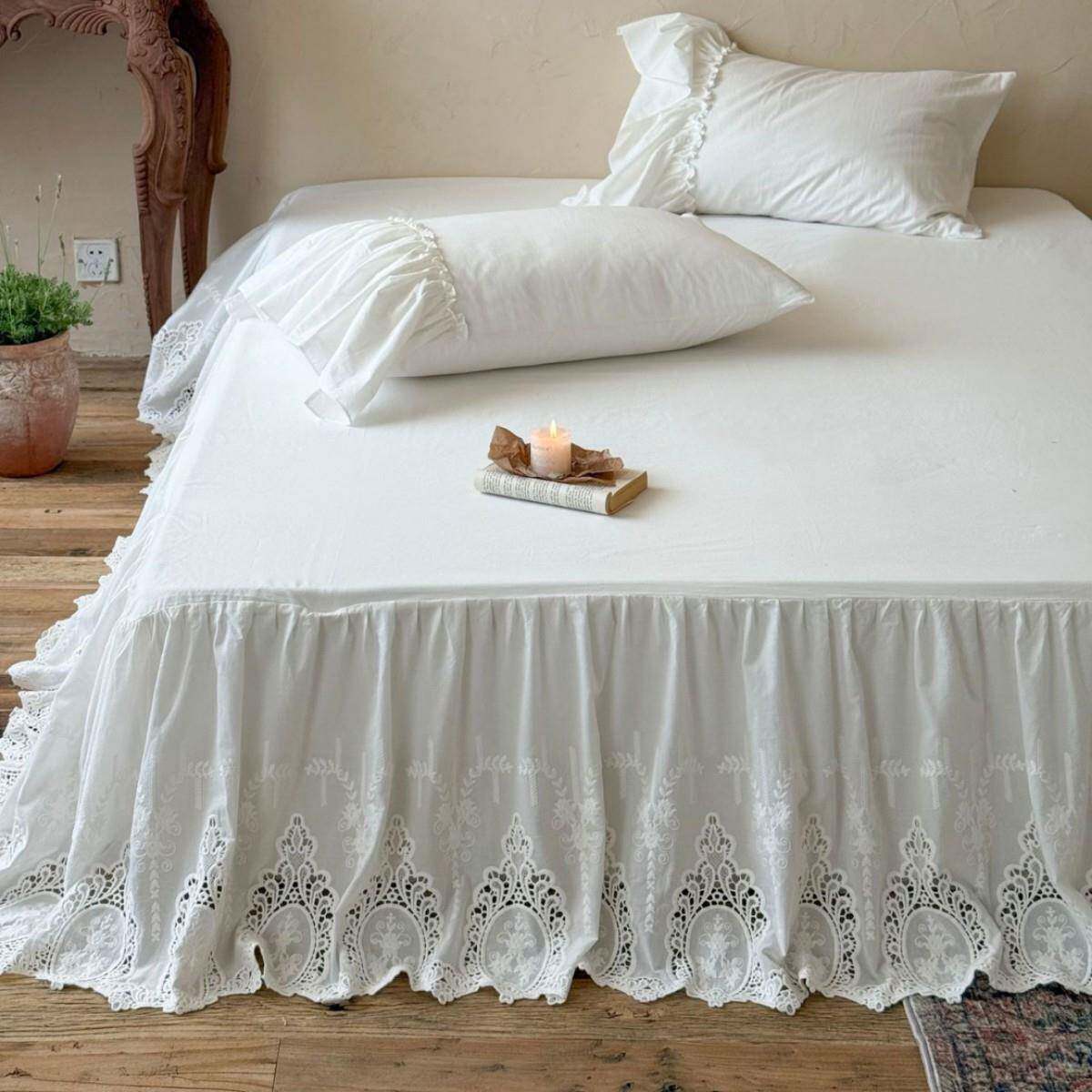 法式简约慵懒风纯色镂空蕾丝荷叶边单床裙枕套水洗棉白色三件套