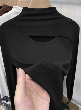 螺纹半高领黑色打底衫秋新款修身内搭长袖T恤洋气感上衣0115k
