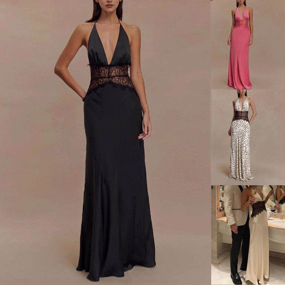 Women Summer Sexy V Neck Backless Lace Polka Dot Beach Club - 实物图
