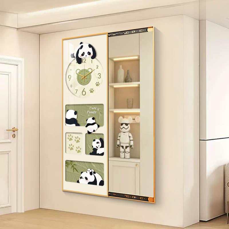 可爱熊猫隐藏式全身镜可推拉关闭玄关镜子画带钟表家用穿衣试衣镜