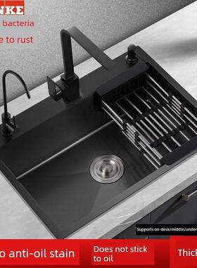 弗兰卡黑色水槽大单槽方形304不锈钢洗菜盆洗碗槽台下家用手工厨