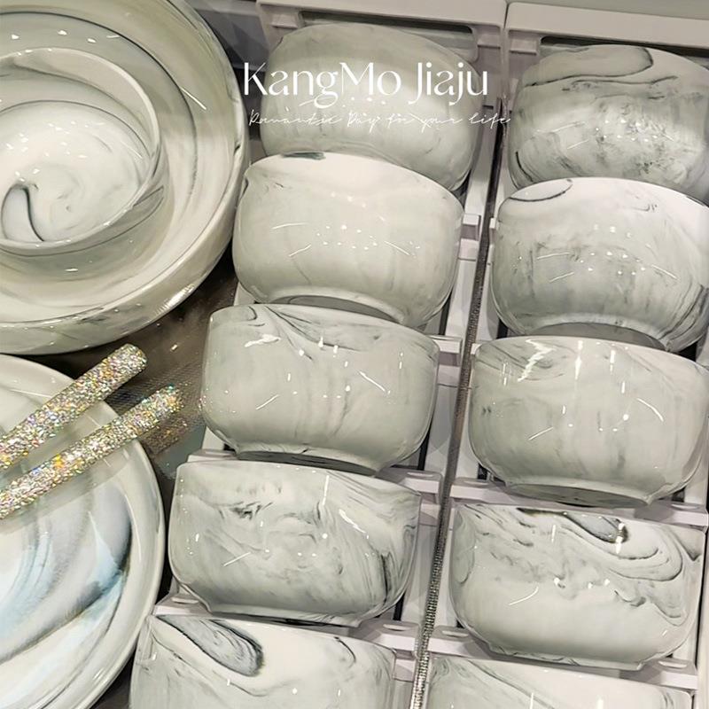 水墨风大理石碗碟套装家用加厚防烫餐具饭碗菜盘碗具乔迁新婚礼物