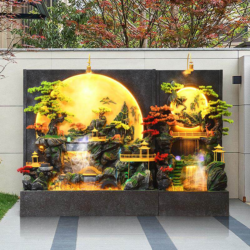 大型水幕墙流水屏风假山瀑布户外水景喷泉摆件室外庭院鱼池背景墙