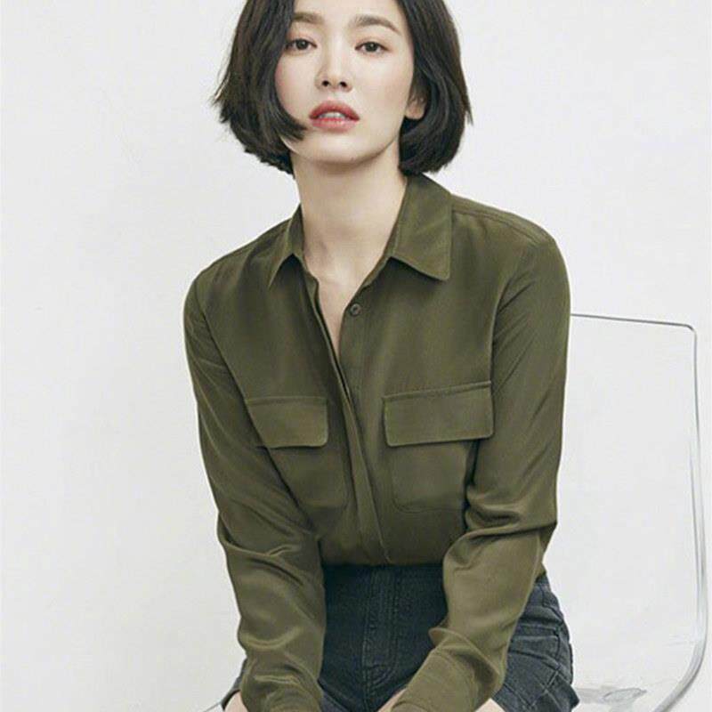 明星宋慧乔同款军绿色衬衫女秋装新款韩版时尚复古宽松衬衣上衣潮
