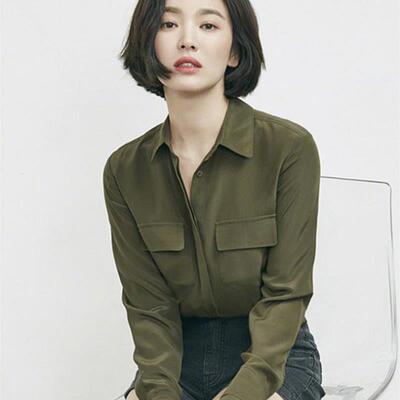 明星宋慧乔同款军绿色衬衫女秋装新款韩版时尚复古宽松衬衣上衣潮
