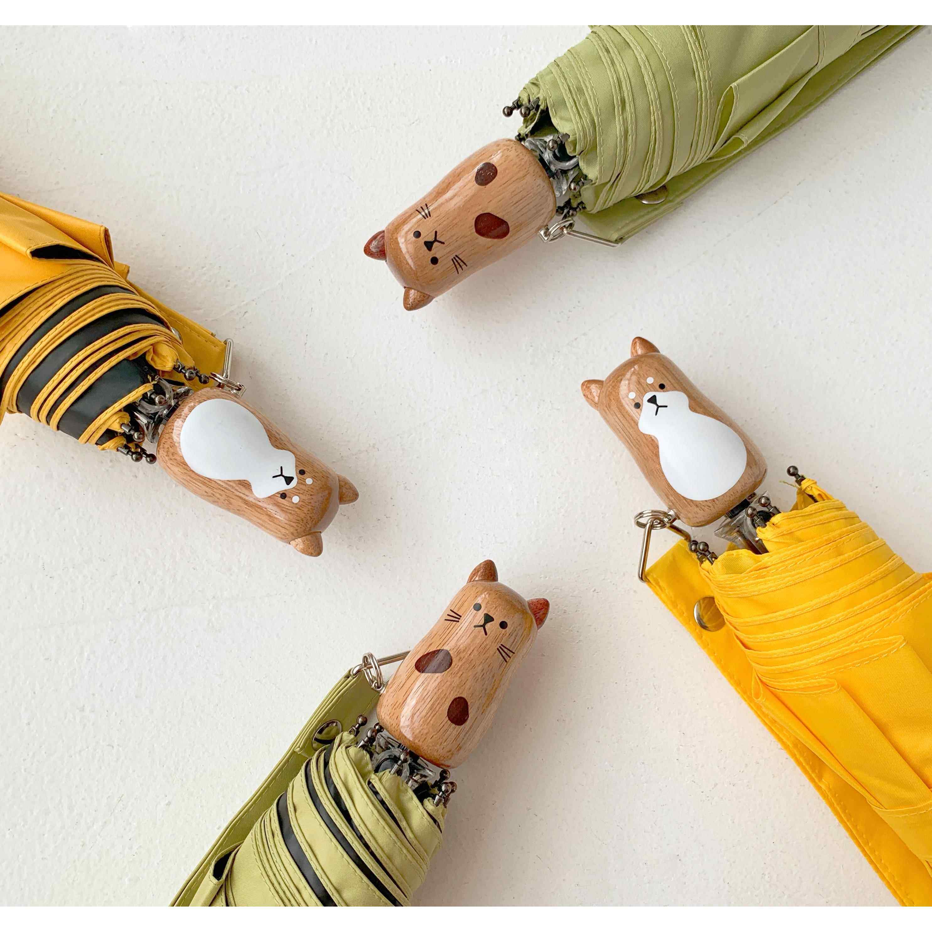 定制猫咪柴犬情侣伞木头手柄日式简约纯色晴雨伞抗UV防风雨伞