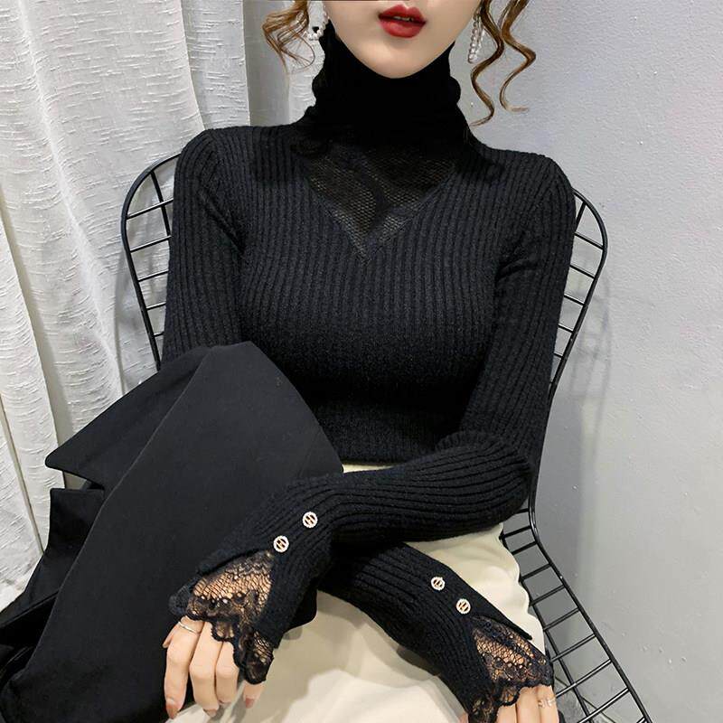 高领黑色打底衫女2025新款秋冬内搭可外穿蕾丝修身毛衣针织衫上衣