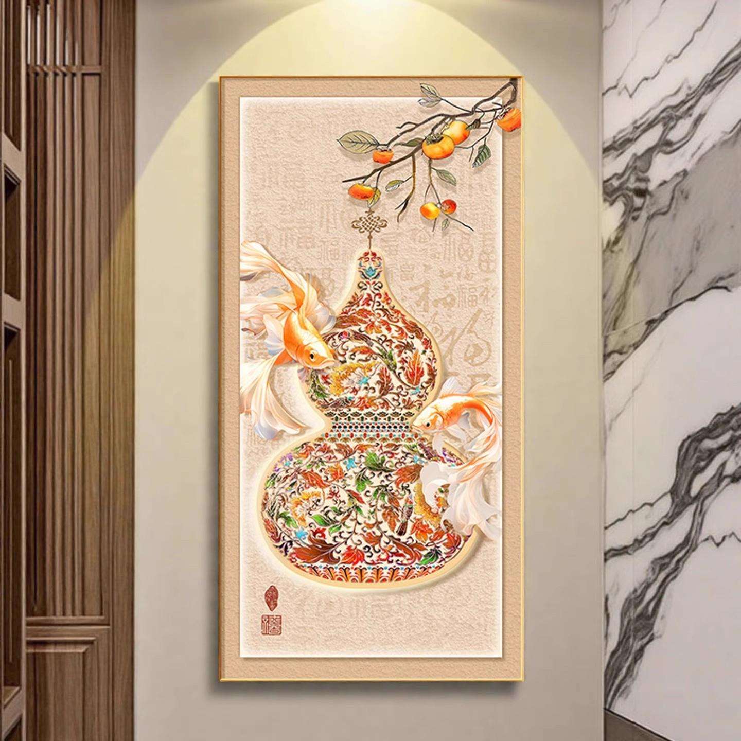 葫芦玄关装饰画新中式九鱼聚财入户客厅走廊过道尽头挂画高端壁画
