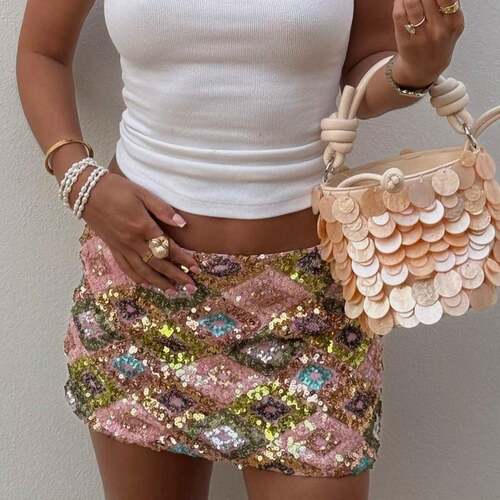 Women's Dressy Sequin Mini Skirt with Geometric Pattern