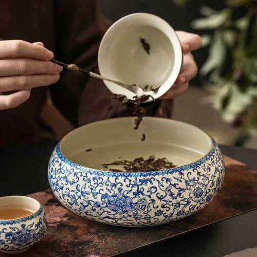 汝窑陶瓷茶洗缸家用茶具配件青花缠枝莲茶笔洗大号水盂茶渣缸茶盂
