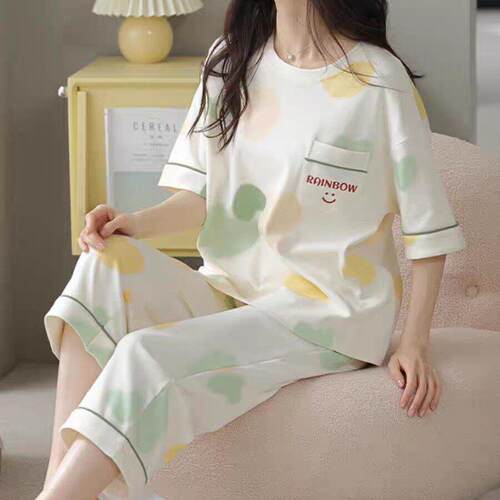 夏季棉质短袖七分裤睡衣女大码加加大胖mm可外穿春夏家居服套装