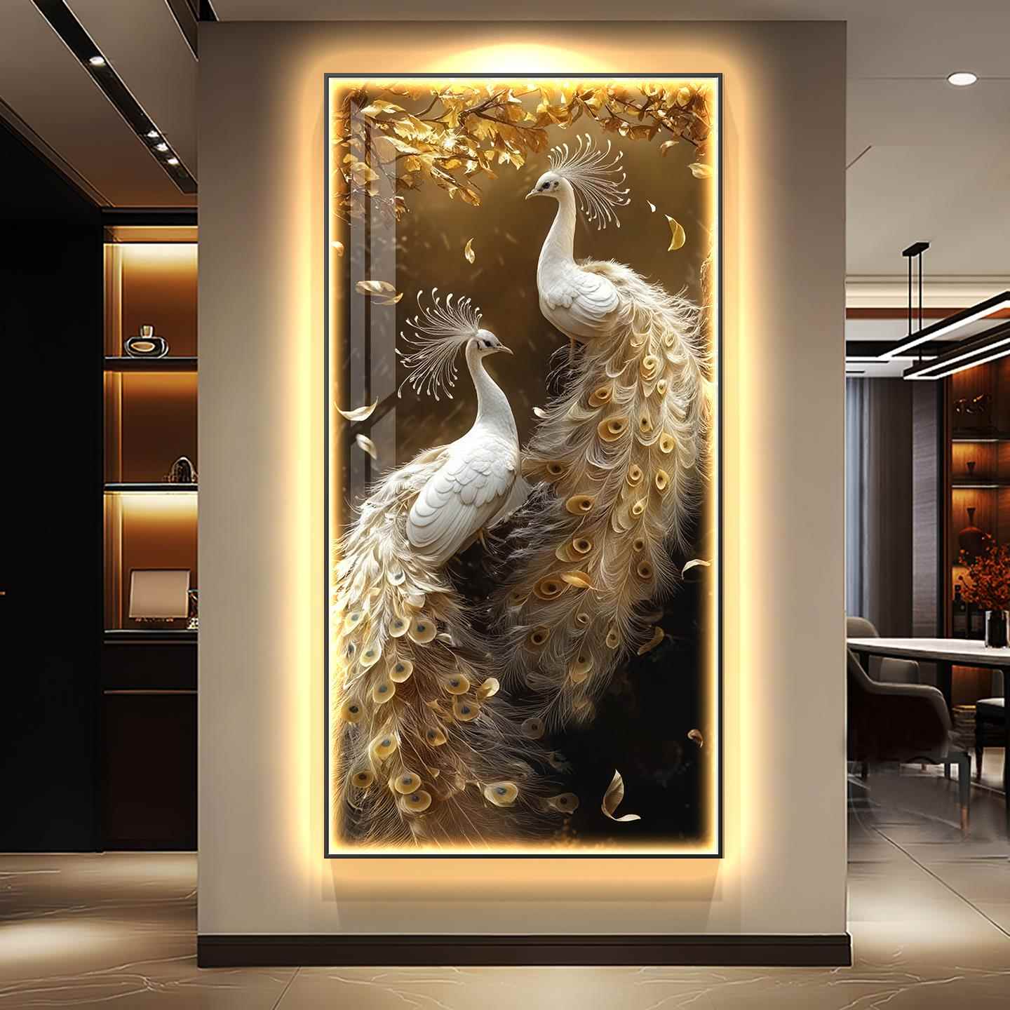 入户玄关装饰画孔雀带LED灯轻奢高级感浮雕立体挂画走廊过道壁画