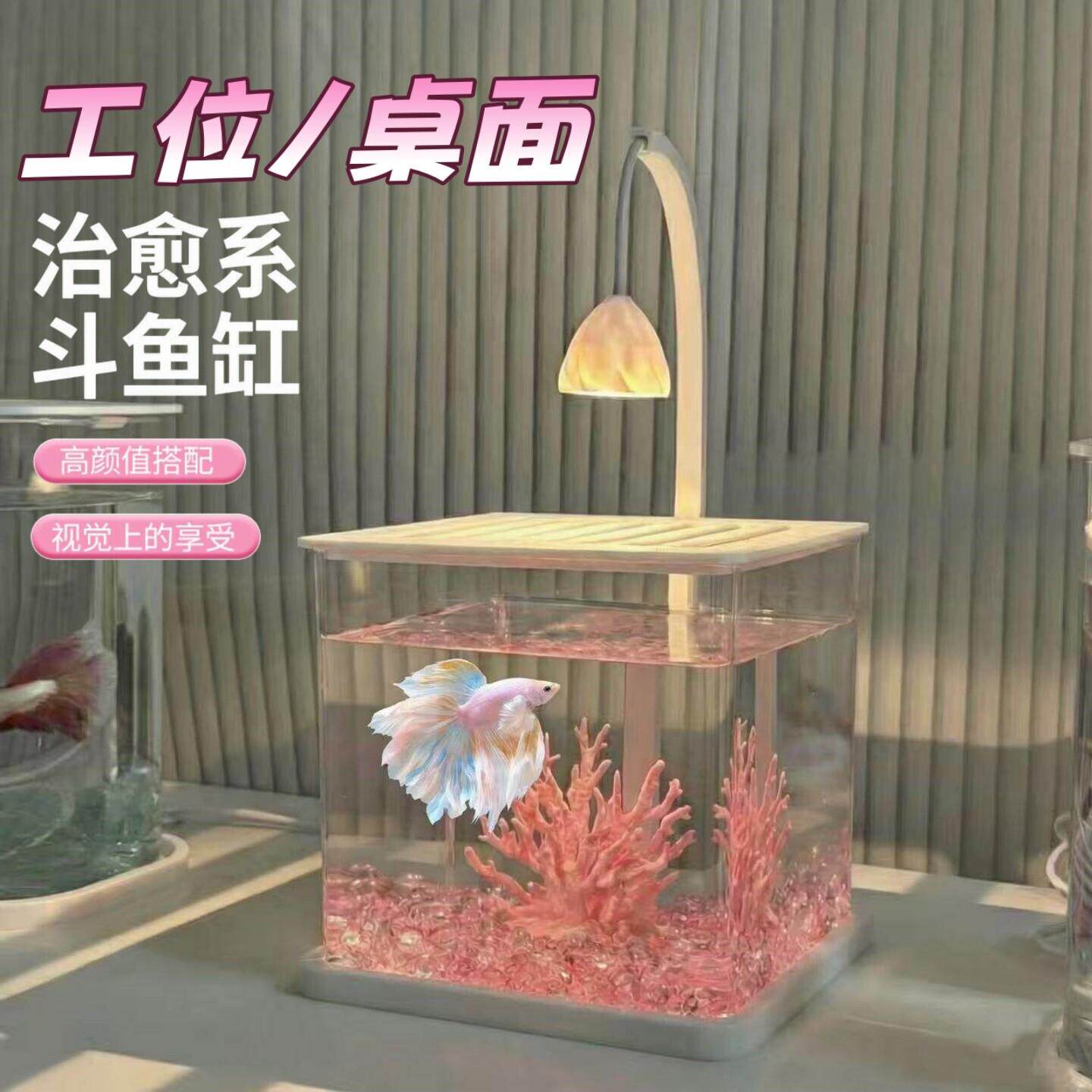 工位小鱼缸斗鱼专用小型桌面办公室家用餐桌迷你水族箱懒人小夜灯