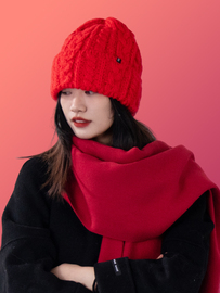 红色毛线帽新年围巾显气色枣红色贝雷帽显白圣诞帽子显脸小大红色