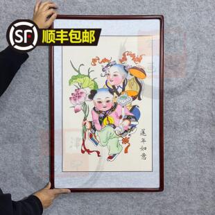 连年如意实木画框线稿杨柳青木版年画娃娃非遗宣纸手绘画装饰挂画