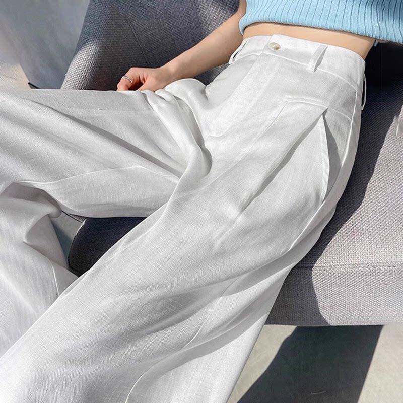 潮牌白色冰丝亚麻阔腿裤女薄款夏季新款小个子天丝棉麻山本西装裤