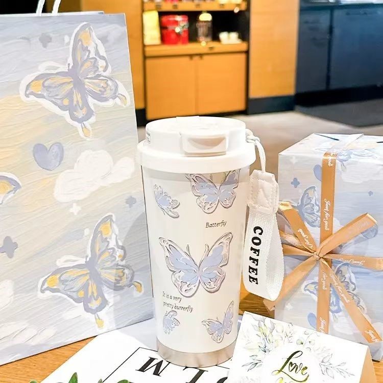 蝴蝶保温杯高颜值便携吸管车载咖啡杯大容量水杯子女生日礼物礼品