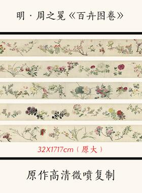 1:1 明 周之冕《百卉图卷》国画花卉长卷 水墨画高清复制临摹画稿