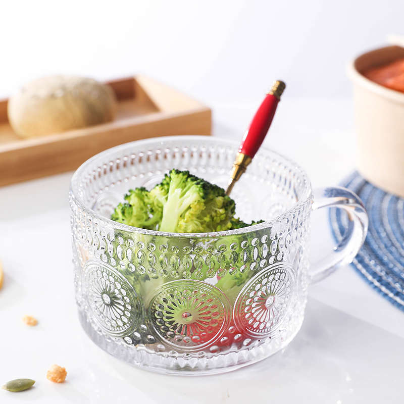 家用复古浮雕早餐杯燕带把手麦片沙拉碗水果酸奶玻璃碗大号ins风