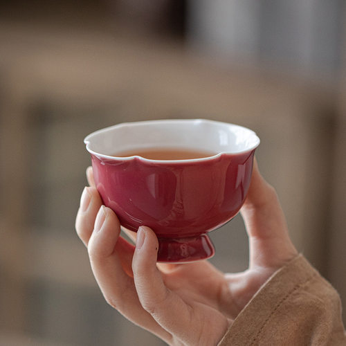 胭脂红手工花型主人杯品茗杯高脚杯陶瓷功夫茶具高档个人专用茶杯