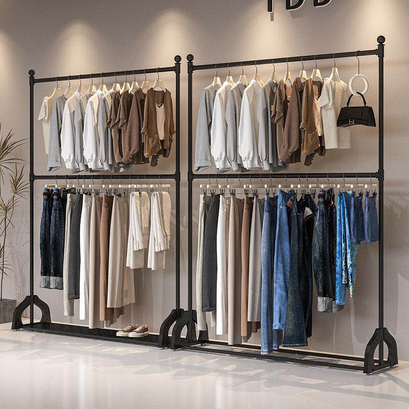 服装店货架铁艺黑色落地双层升降专用衣服陈列架组合女装店展示架