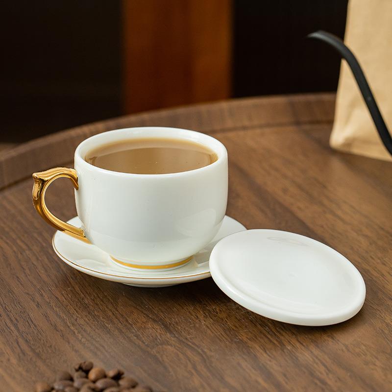 大号羊脂玉德化白瓷泡茶杯防烫防尘咖啡杯带盖有耳柄品茗杯咖啡杯